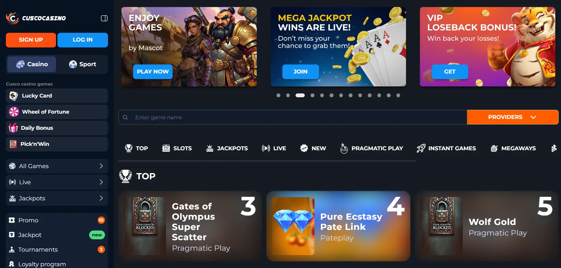 Actuele homepage van Cusco Casino