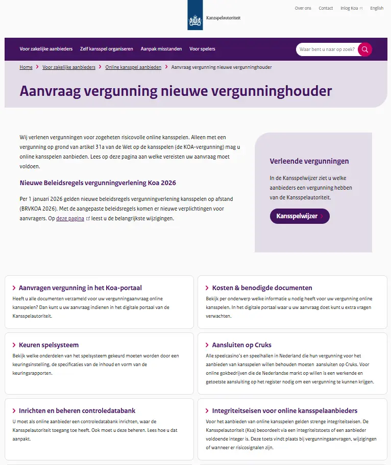 Officiële informatie van de Kansspelautoriteit over de Koa-vergunning en Kansspelwijzer