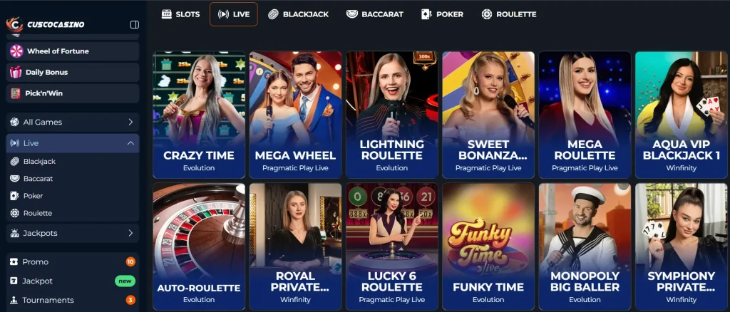 Actuele Cusco Casino live-casino lobby met live dealer-categorieën