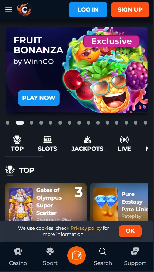 Actuele mobiele weergave van de officiële Cusco Casino-website