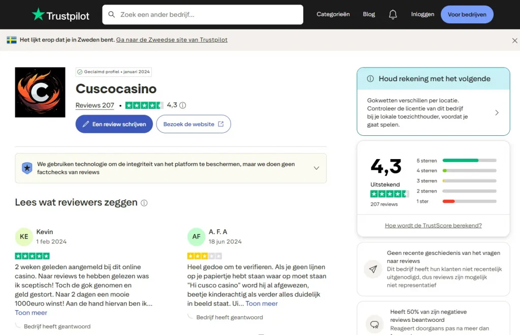Actuele Trustpilot-pagina voor cuscocasino.com als bron voor reviewanalyse