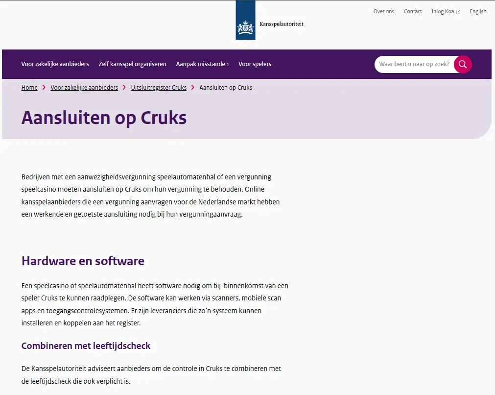 Officiële KSA-pagina over aansluiting op Cruks
